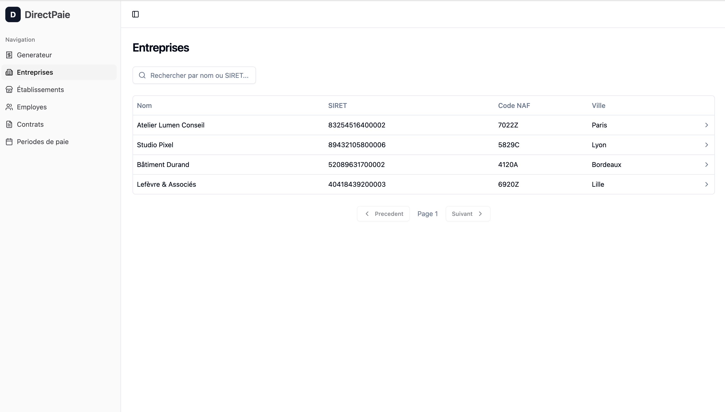 Liste des entreprises gérées dans Direct Paie